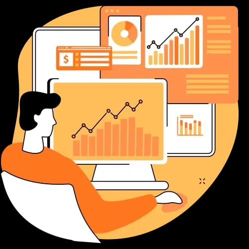 Illustration of a person analysing SEO performance charts on multiple screens to improve website visibility and organic search ranking