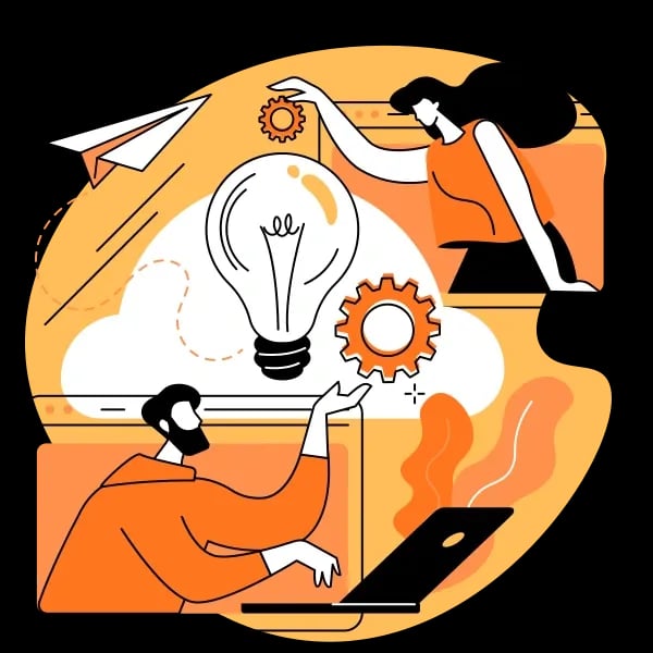 Illustration of two people collaborating online on web development and creative digital solutions, symbolizing modern website creation and technical innovation in Luxembourg.